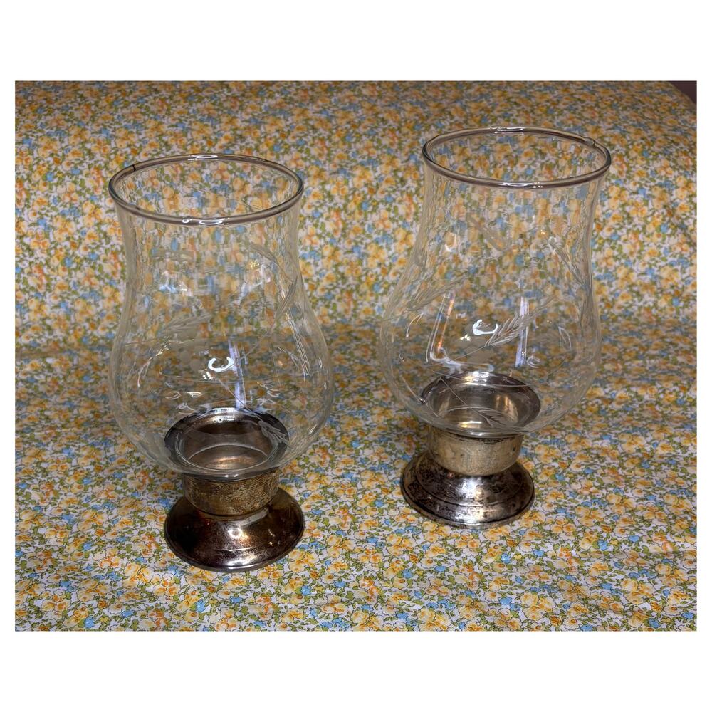 Pair Vintage Etched Wheat Glass Hurricane Candle Holders Silverplate 7"